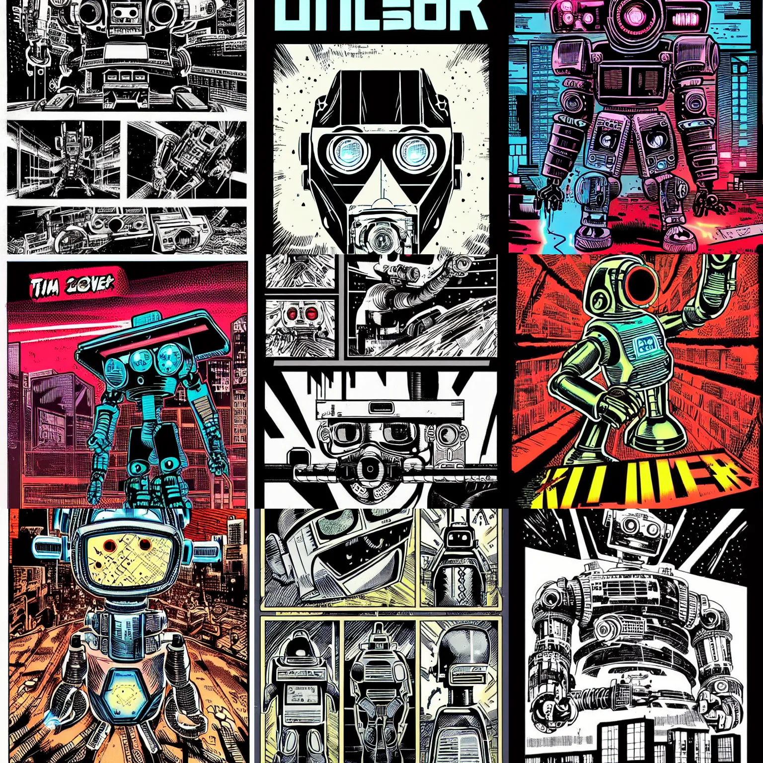 Prompt: killer robot with laser eyes, intricate vintage cyberpunk comic book illustration by tim doyle