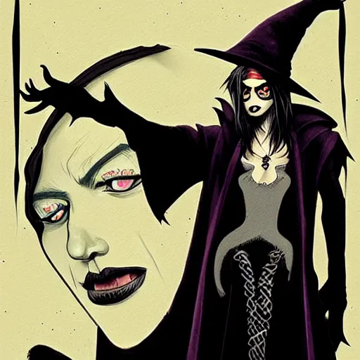 Image similar to a goth witch guy casting spells, by jamie hewlett and artgerm, aesthetic,