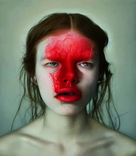 Image similar to a high quality, high detail, portrait photography of a beautiful girl by gottfried helnwein and kyle thompson, zdzisław beksinski