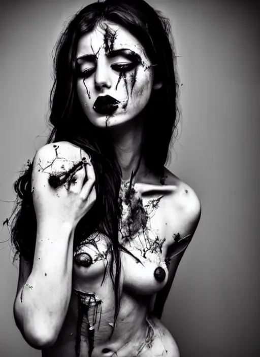 Prompt: astonishingly beautiful woman in tattered clothes revealing body, black hair, make up, black & white