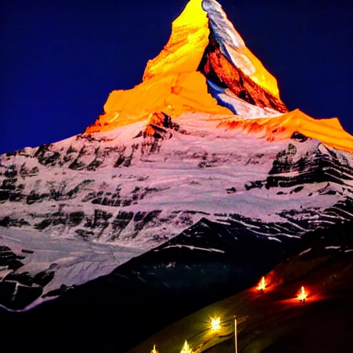 Image similar to a photo at nighttime of llumination of the matterhorn in the colors of indian flag, projected illuminated on the matterhorn mountain at night