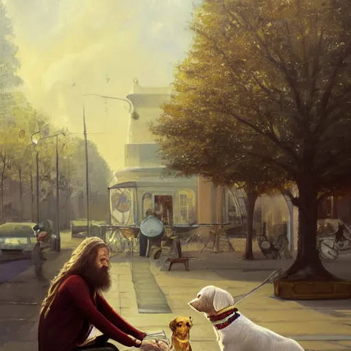 Image similar to oil painting of a young man with long hair blond and a beard hippie style with his golden retrever dog playing piano in the square for money, people watching around, by greg rutkowski, artstation