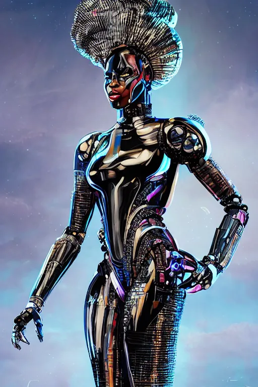 Image similar to full body portrait of the African Android Queen, by DC comics and Sandra Chevrier and beeple, artstation, volumetric lighting, hyperrealism, futuristic royalty, strong and muscular, award winning costume design, cybernetic bionic cyborg, fashion show runway, futuristic fine textures, woven with electricity, high fashion superpowers, wakanda, 4k UHD, 35mm