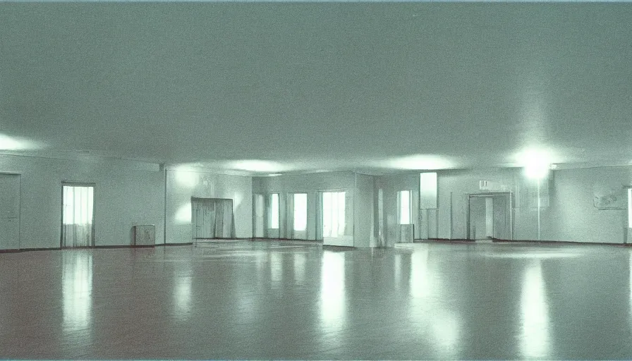 Image similar to 70s movie still of liminal space empty ballroom , cinestill 800t Technicolor, heavy grain, high quality, criterion collection