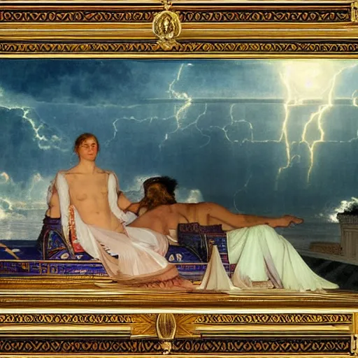 Image similar to The palace on the clouds, moon reflecting on the water, thunderstorm, greek pool, beach and Tropical vegetation on the background major arcana sky, by paul delaroche, alphonse mucha and arnold böcklin, hyperrealistic 8k, award-winning, very very very detailed