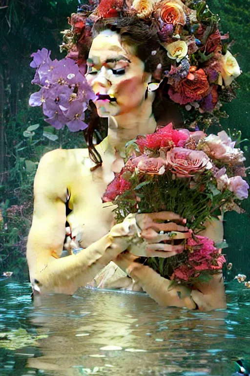 Image similar to portrait of a beautiful mysterious woman holding a bouquet of flowing flowers, hands hidden under the bouquet, lying in a pool of water, fantasy, regal, intricate, by stanley artgerm lau, greg rutkowski, thomas kindkade, alphonse mucha, loish, norman rockwell