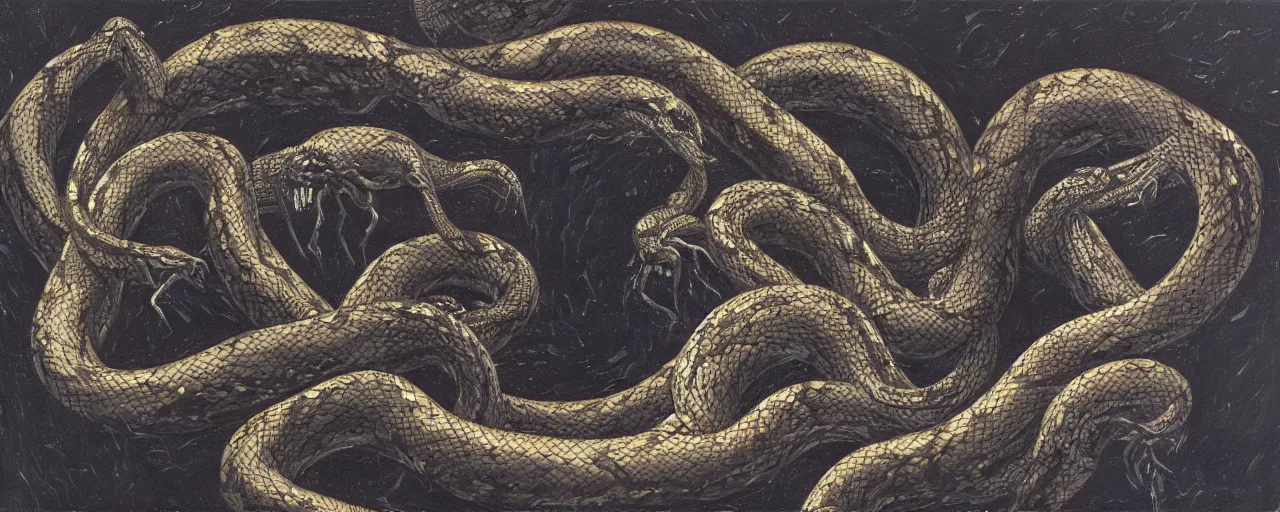 Image similar to a detailed oil painting of a dark void full of snakes in the style of Bob Ross and Giger