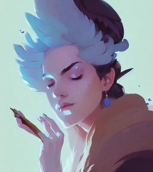 Image similar to portrait of beautiful mage, feathers, by atey ghailan, by greg rutkowski, by greg tocchini, by james gilleard, by joe fenton, by kaethe butcher, dynamic lighting, gradient light blue, brown, blonde cream and white color scheme, grunge aesthetic