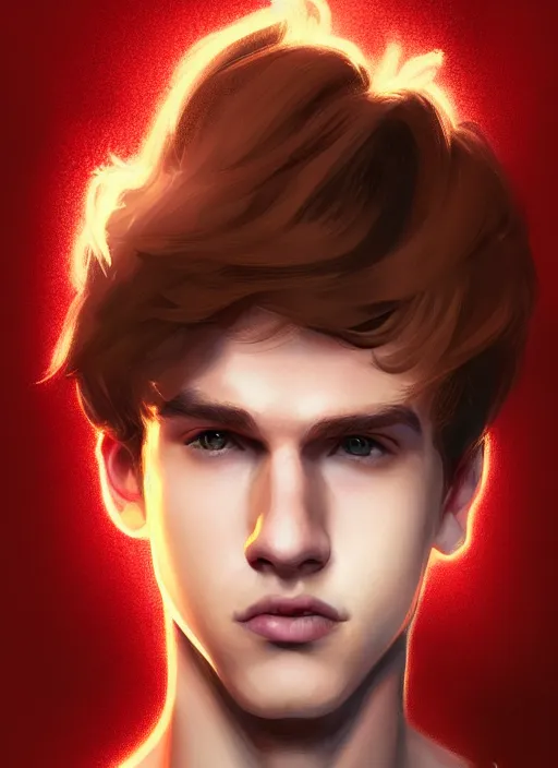 Prompt: portrait of teenage jason blossom, cleft chin, bangs, rich boy, mischievous expression, evil smirk, bangs and wavy hair, bangs, intricate, elegant, glowing lights, highly detailed, digital painting, artstation, concept art, smooth, sharp focus, illustration, art by wlop, mars ravelo and greg rutkowski