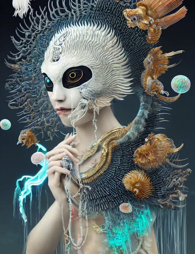 Image similar to goddess macro close - up portrait with crown, ram skull. beautiful intricately detailed japanese crow kitsune mask and clasical japanese kimono. betta fish, jellyfish phoenix, bioluminescent, plasma, ice, water, wind, creature, artwork by tooth wu and wlop and beeple and greg rutkowski