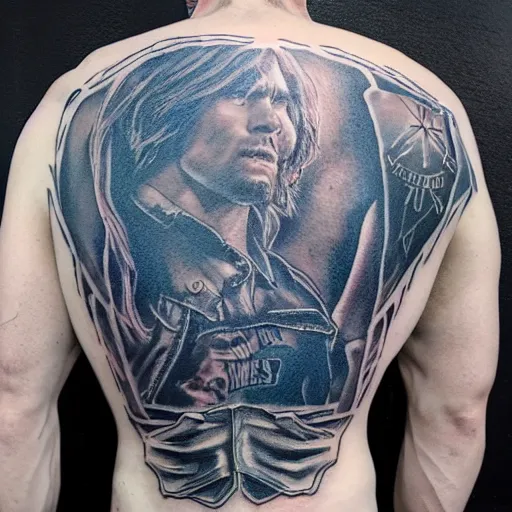 Image similar to Portrait of Sam Winchester in blue jeans, Sons of Anarchy Tattoed on his back, intricate upper body, highly detailed, digital painting, artstation, concept art, smooth, sharp focus, illustration, art by Hajime Sorayama