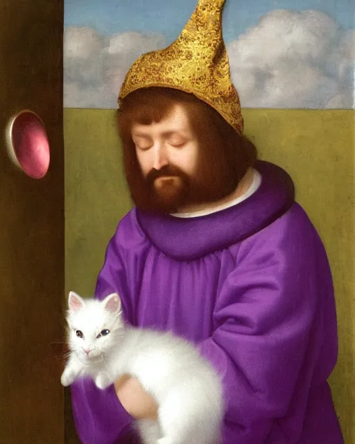 Prompt: a youthful fool in purple robes and a purple jester hat, holding a cute fluffy white cat, listening to records on a turntable, oil on canvas, by ambrosius benson