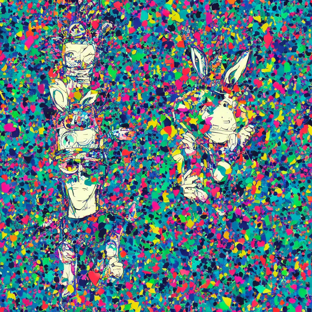 Image similar to person wearing bunny ear hat, abstract, jet set radio artwork, ryuta ueda artwork, cryptic, rips, spots, asymmetry, stipple, lines, glitches, color tearing, pitch bending, stripes, dark, ominous, eerie, hearts, minimal, points, technical, natsumi mukai artwrok, folds