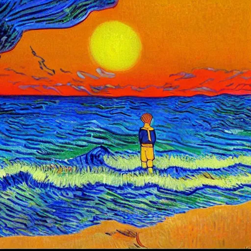 Image similar to An oil painting of Naruto at the beach at sunset by Vincent van Gogh, anime anime anime