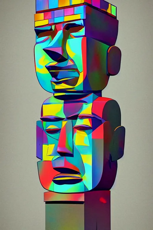 Image similar to cubist moai statue cutout digital illustration cartoon colorful beeple