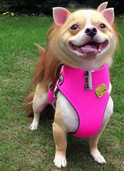 Image similar to fully grown tan pit bull, long - haired chihuahua, pomeranian mix, wearing a pink harness