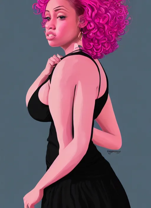 Image similar to full body portrait, teenage vanessa morgan, pink hair, obese, curly pixie hair, sultry, realistic, short hair, hoop earrings, skirt, shirt, fat, belly, black girl, intricate, elegant, highly detailed, digital painting, artstation, concept art, smooth, sharp focus, illustration, art by wlop, mars ravelo and greg rutkowski