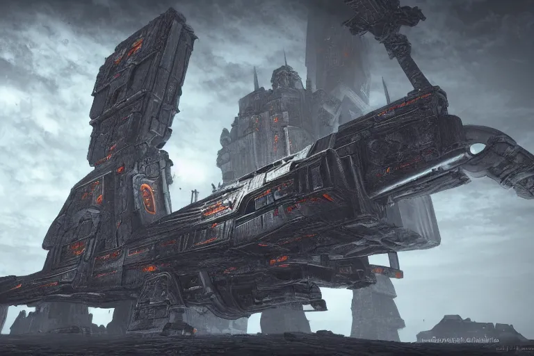 Image similar to monolithic space ship, warhammer 40k, dark souls 3 level, epic scale, gothic scifi