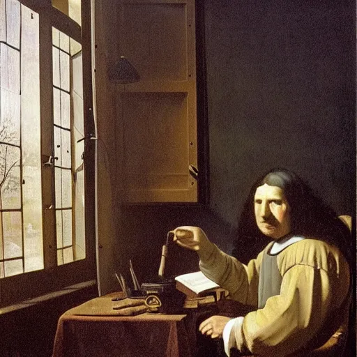 Prompt: An oil painting of Antonie van Leeuwenhoek sat at an escritoire desk with his hand touching a large fossil, there is a window with muntins to his left and a wood closet behind him, in the style of The Astronomer by Vermeer, Dutch Golden Age, Old Masters