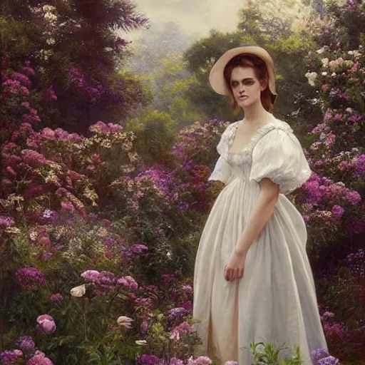 Prompt: full body fashion model emma watson by Jeremy Lipking by Hasui Kawase by Richard Schmid smokey eyes makeup eye shadow fantasy, glow, shimmer as victorian woman in a long white frilly lace dress and a large white hat having tea in a sunroom filled with flowers, roses and lush fern flowers ,intricate, night, highly detailed, dramatic lighting , high quality