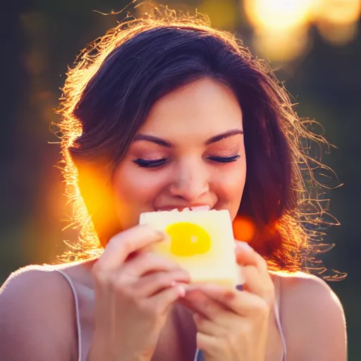 Image similar to beautiful advertising photo of a woman holding scented soap bars up to the viewer, smiling, summer outdoors photography at sunrise, bokeh, bloom effect