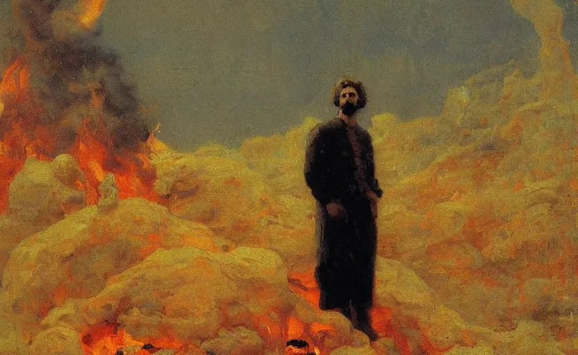 Image similar to high quality high detail painting by ilya repin, man standing in front of huge fire, hd