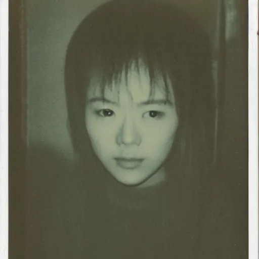 Image similar to polaroid of a young japanese woman on a train at night
