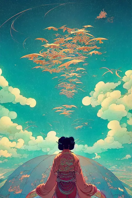 Prompt: a beautiful hyperdetailed matte illustration victo ngai style of absolutely beautiful dunhuang flying sky, from china, perfectly shaded, atmospheric lighting, style of studio ghibli, makoto shinkai, raphael lacoste, louis comfort tiffany, artgerm, james jean, ross tran, chinese style