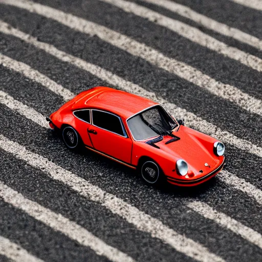 Image similar to close up photo of a small toy porsche 9 1 1 9 6 4 on a road stripe, cinematic, shallow dof, 3 5 mm, 4 k, macro