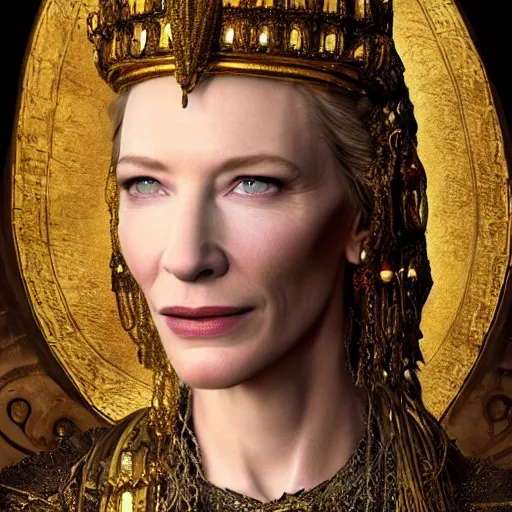 Image similar to Portrait cate blanchett ancient biblical, sultry, sneering, evil, pagan, wicked, queen jezebel, wearing gilded ribes, highly detailed, masterpiece 8K digital illustration