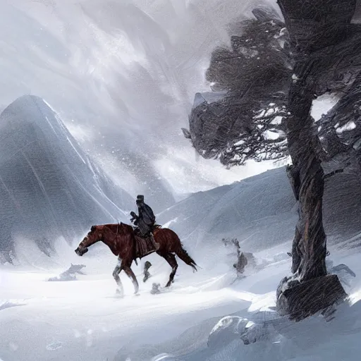 Image similar to Landscape of snowy mountains where we can perceive in the distance two riders on horses crossing the snow, snow storm, highly detailed, digital painting, artstation, concept art, illustration, art by Bayard Wu and Marc Simonetti