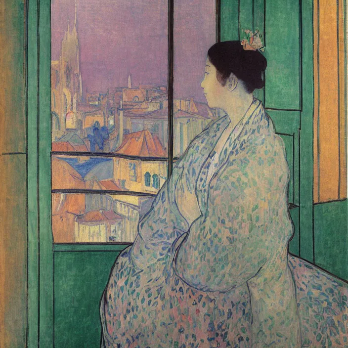 Prompt: portrait of woman in colourful kimono, white cat and house plant with city with gothic cathedral seen from a window frame with curtains. cloudy sunset. bonnard, henri de toulouse - lautrec, rene magritte, utamaro, matisse, monet