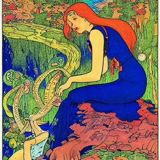 Image similar to a woman who moved to another planet with husband, hot weather, full growth, by Ivan Bilibin, Russian fairytales illustration