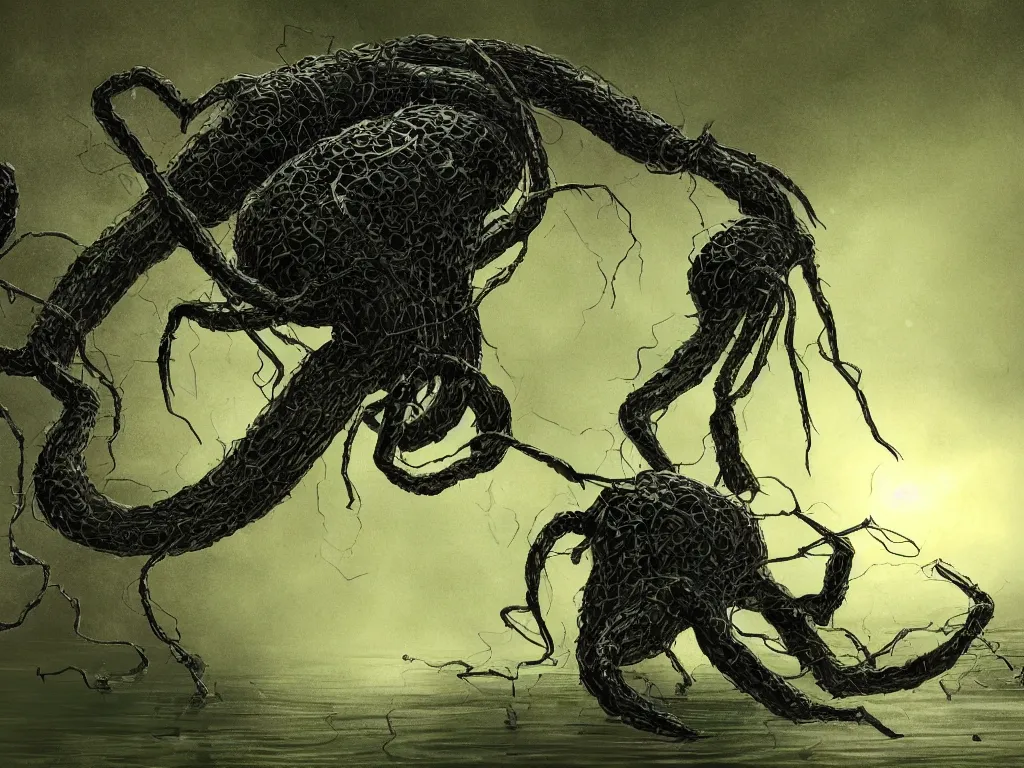 Image similar to Giant black spider climbing out of a swamp. Concept art. 4k. High detail. In the style of Lovecraft.