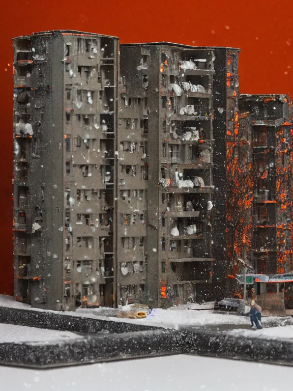 Prompt: mega detailed miniature diorama a soviet residential building, brutalism architecture, suburban, warm lights are on in the windows, man lies in the snow, dark night, fog, winter, blizzard, cozy and peaceful atmosphere, row of street lamps with warm orange light, several birches nearby, 1 9 9 0