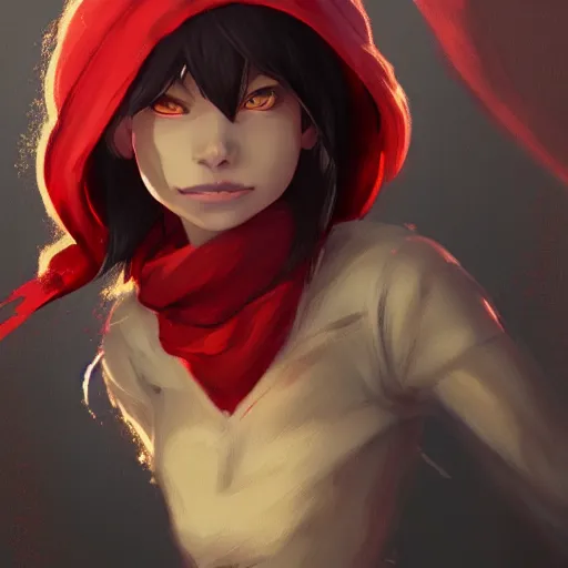 Image similar to Goblin Female portrait, Red Scarf, hatched ear, golden earring, white background, by makoto shinkai, Riot Games, highly detailed, digital illustration, concept art, trending on artstation