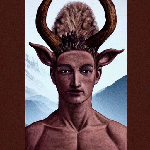 Prompt: An ancient being, a guard, dark energy, a faun, branched horns, a young face, a powerful torso meditates in the mountains-n 4