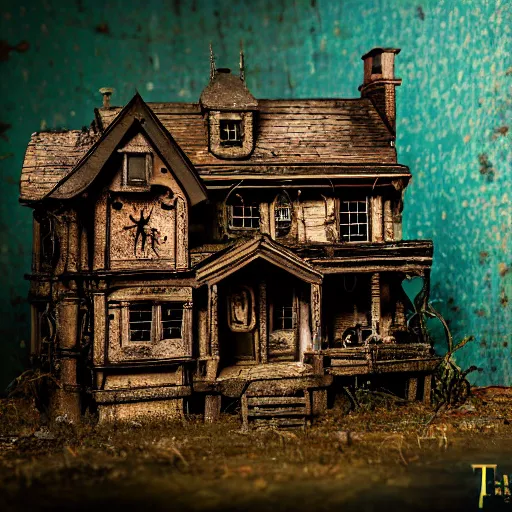 Prompt: 90mm f/2.8 macro photo of a haunted house diorama by tim burton