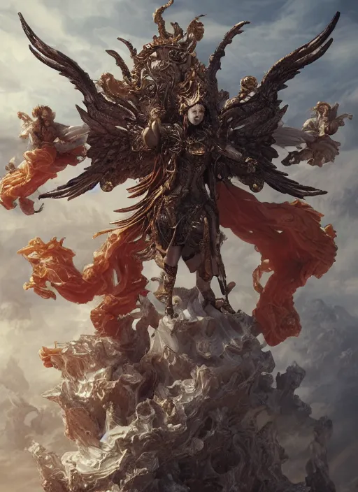 Image similar to high intricate porcelain baroque angelic warrior flying over a vast sea of hell demons, maria panfilova, andrea savchenko, mike kime, ludovic plouffe, qi sheng luo, oliver cook, trending on artstation