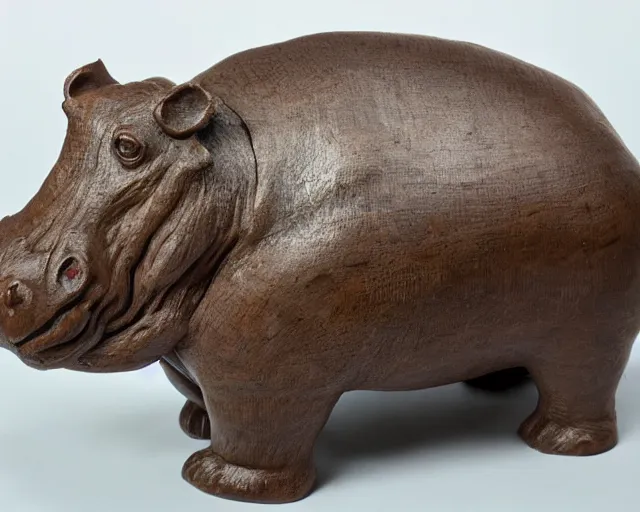 Prompt: a sculpture of hippo baby, half wood carved half resin epoxy, cubic blocks, side view centered