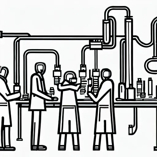 Image similar to pencil illustration of a group of scientists creating a machine that will transform the future. highly detailed, schematics, line work, laboratory