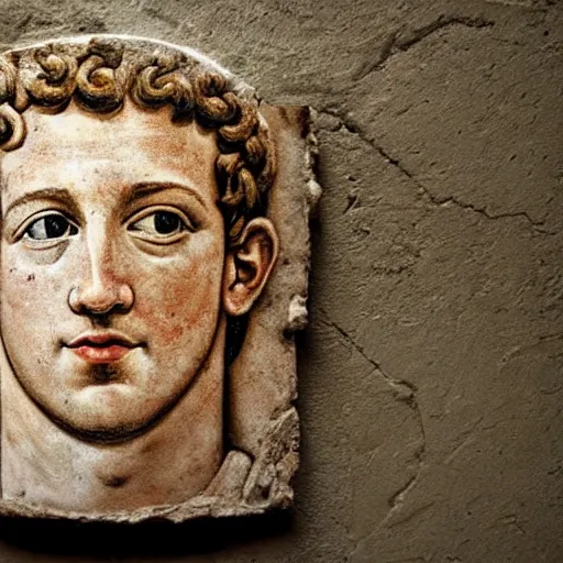 Prompt: photo of an ancient roman fresco on a wall in an ancient roman villa : mark zuckerberg as a roman noble senator. dressed in a white toga. serious facial expression. grills meats. detailed, intricate artwork. faded shadows