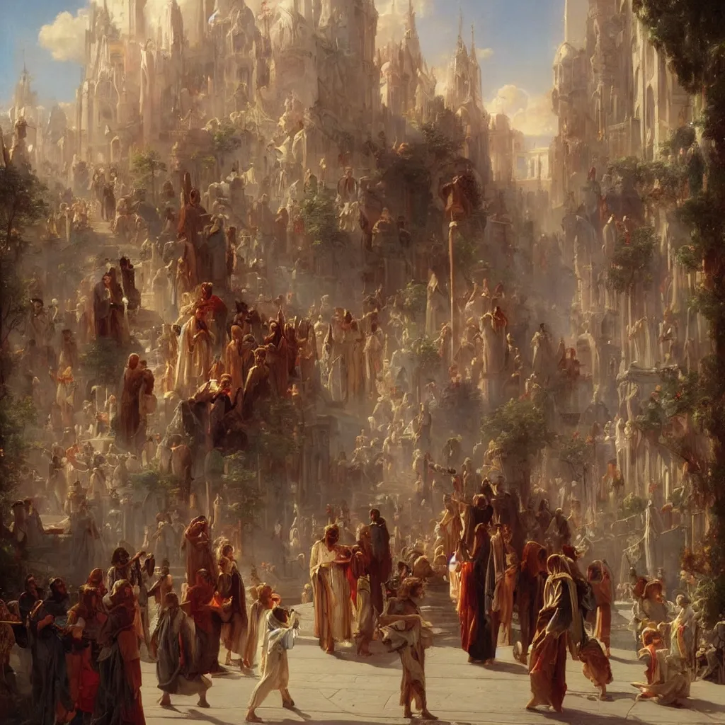 Prompt: jesus tours the streets of hollywood by raphael lacoste and pierre auguste cot and delphin enjolras and daniel f. gerhartz