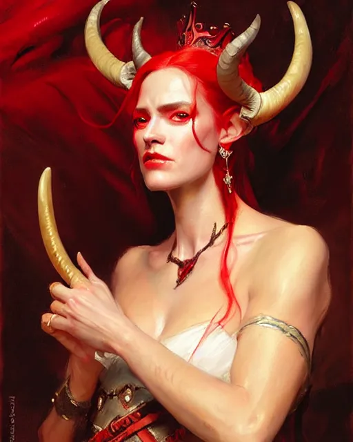 Image similar to painted close - up portrait of an attractive red - skinned intimidating demon queen with ram horns. oil painting, wearing a noblewoman's outfit, fantasy art by greg rutkowski and john singer sargent and gaston bussiere, demon noble character design