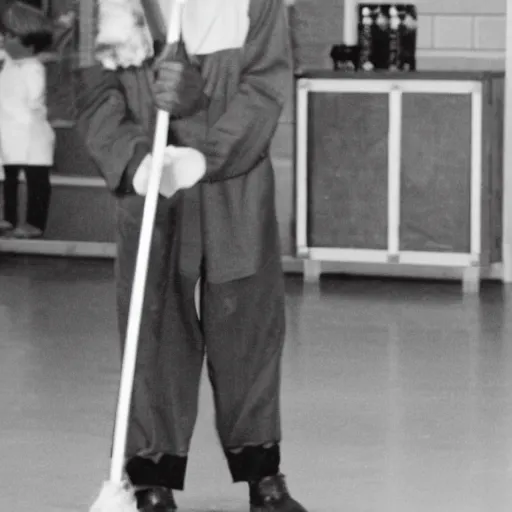 Prompt: genghis khan as a janitor in an elementary school, mopping the floor