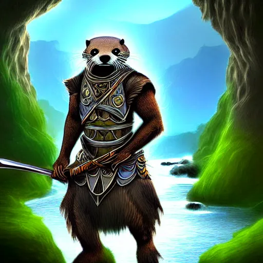 Image similar to furry otter warrior, fantasy art, lightweight armour, near the river, waterfall, digital art, high quality