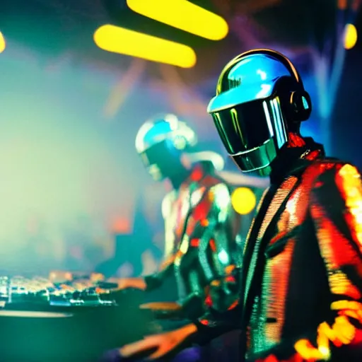 Image similar to daft punk djing at a huge rave with lots of people, chromatic aberration, 8 0 s film, bokeh depth of field