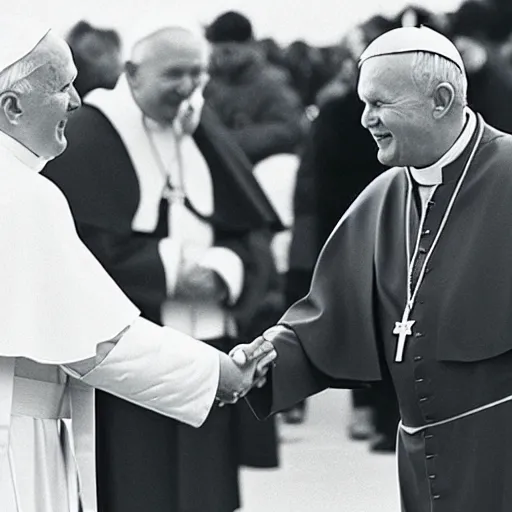 Prompt: photgraph of the pope john paul ii shaking hands with kanye west