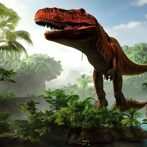 Image similar to an elaborate time machine with floating platform over a prehistoric jungle with a t - rex in the background, unreal engine, hyper detailed