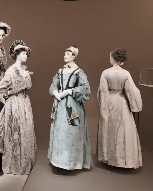 Prompt: the film still photographed image is of 1 9 0 0 s haute couture opera ensemble is featured in a museum exhibit. the ensemble is inspired by pluto, the dwarf planet. vibrant cinematography, anamorphic lenses, upscale, hyper realistic photo, crisp, detailed image in 8 k resolution.